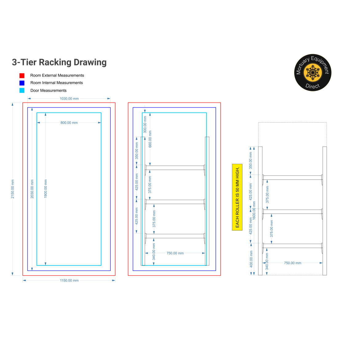 3-Tier Front Loading Standard Racking | Mortuary Equipment Direct